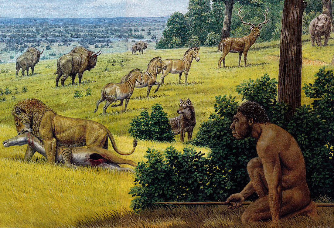 Ice Age human and animals, illustration