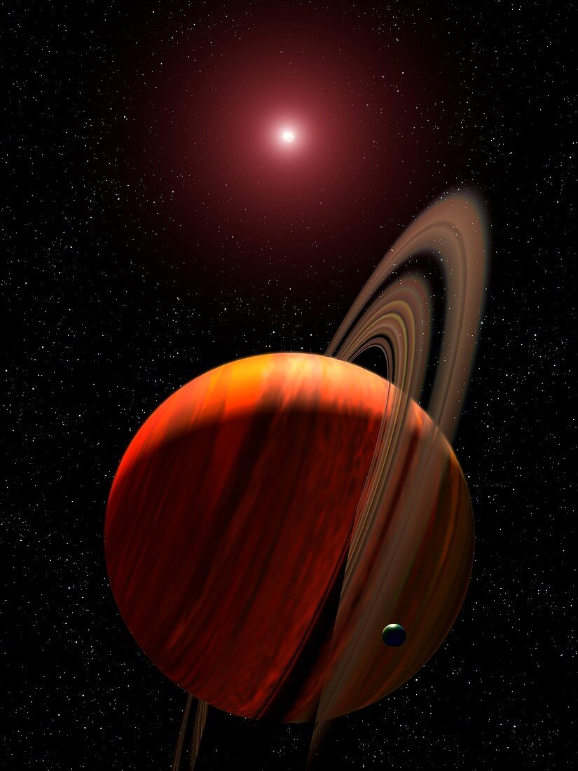 Gas giant planet orbiting a red dwarf star, illustration