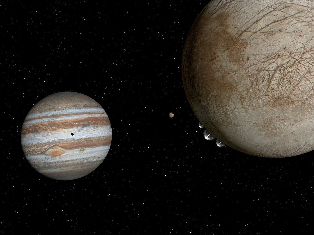 Jupiter and moons Europa and Io, illustration