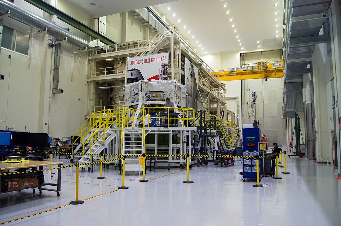 Orion spacecraft in integration hall.