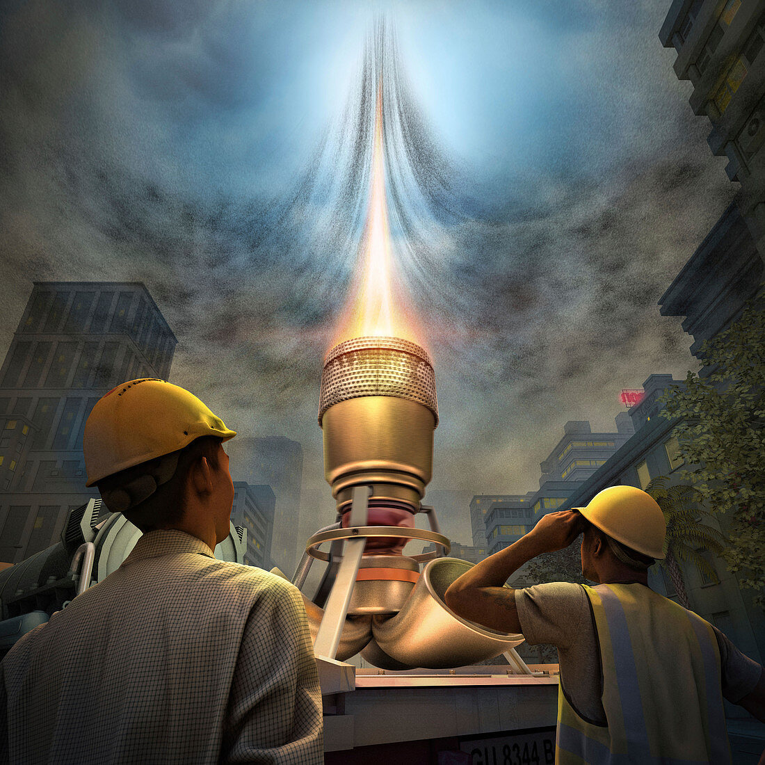Jet engine 'chimney' to reduce smog, illustration