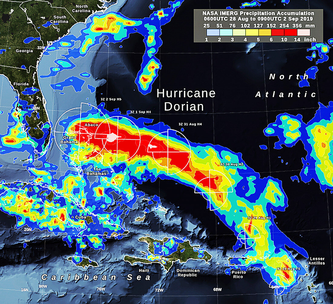 Hurricane Dorian rainfall track, satellite map