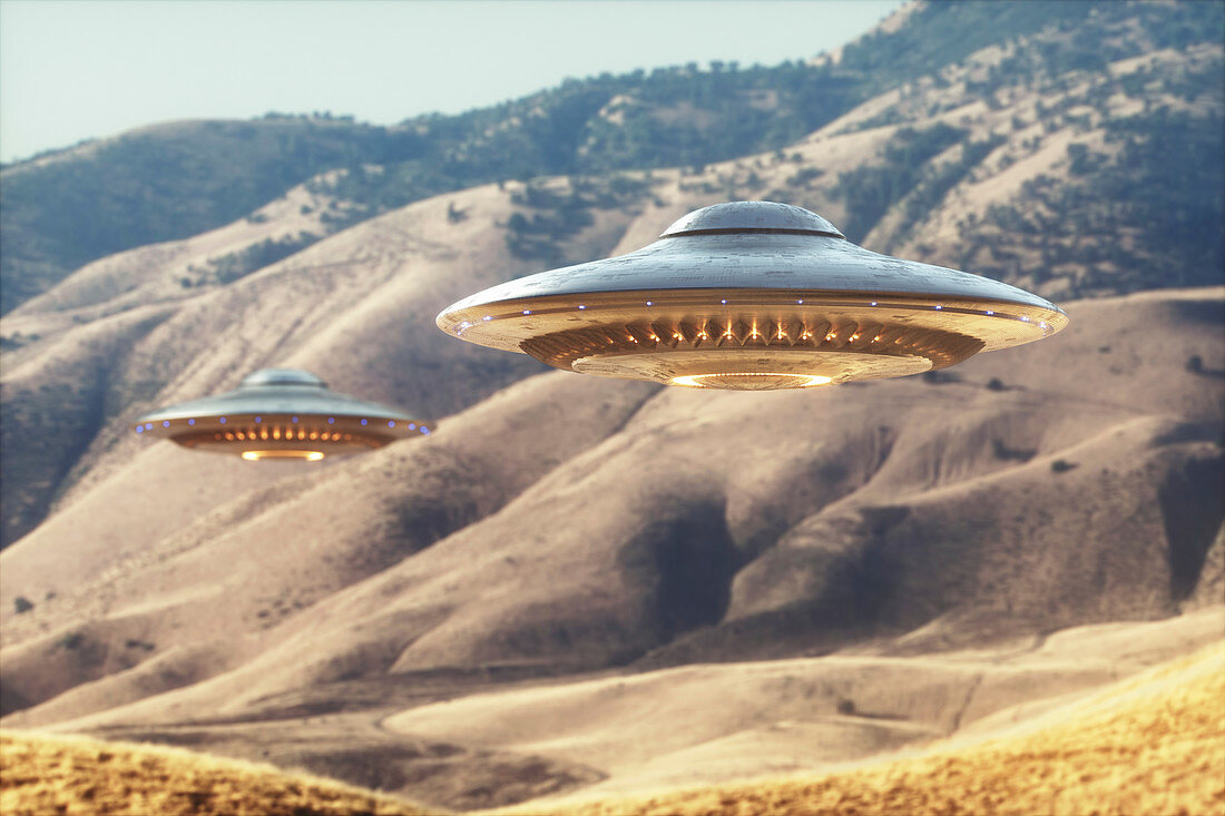 UFOs over hills, illustration