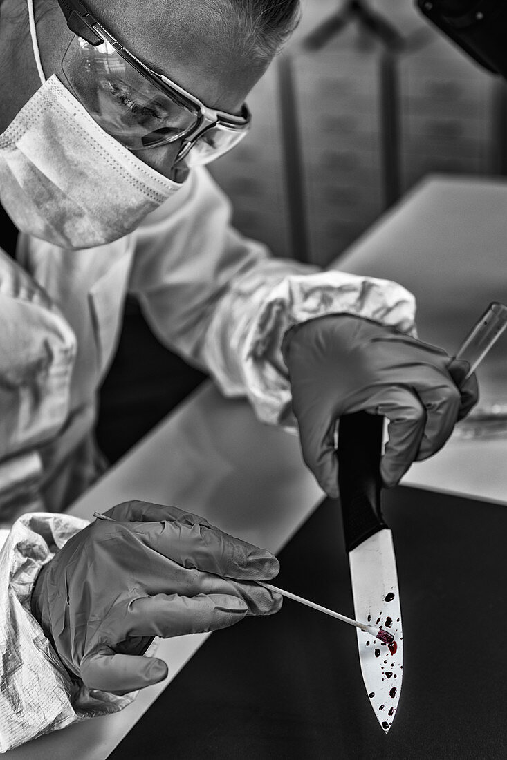 Forensic investigator examining evidence in lab