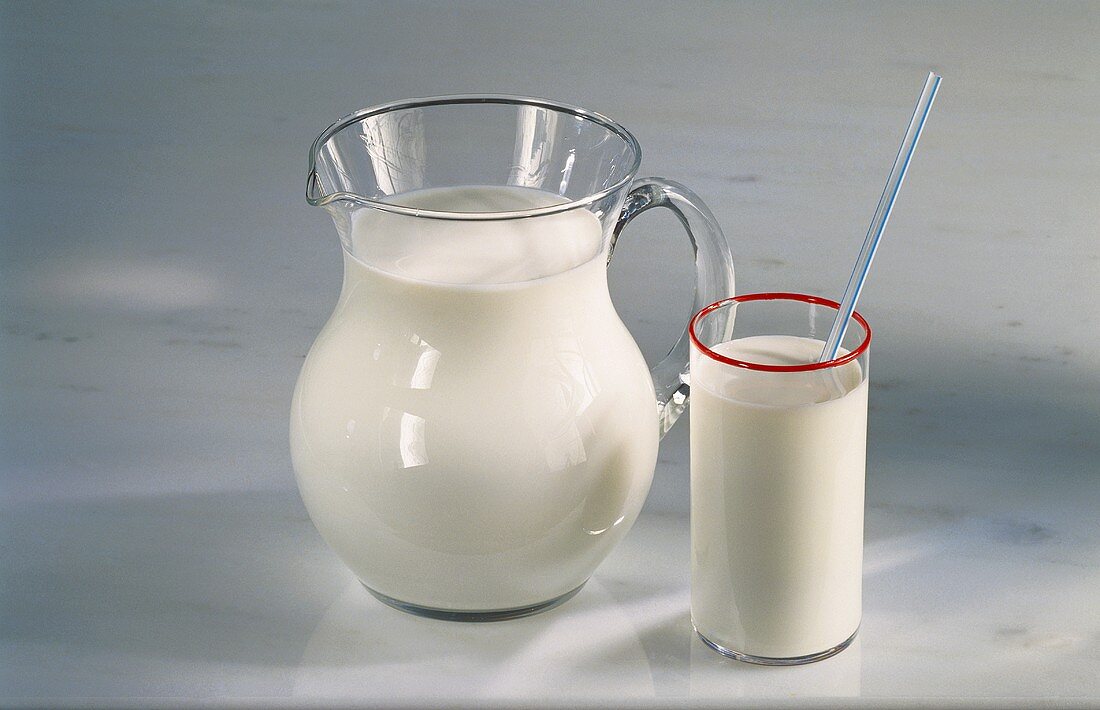 Milch im Krug & Glas mit Strohhalm