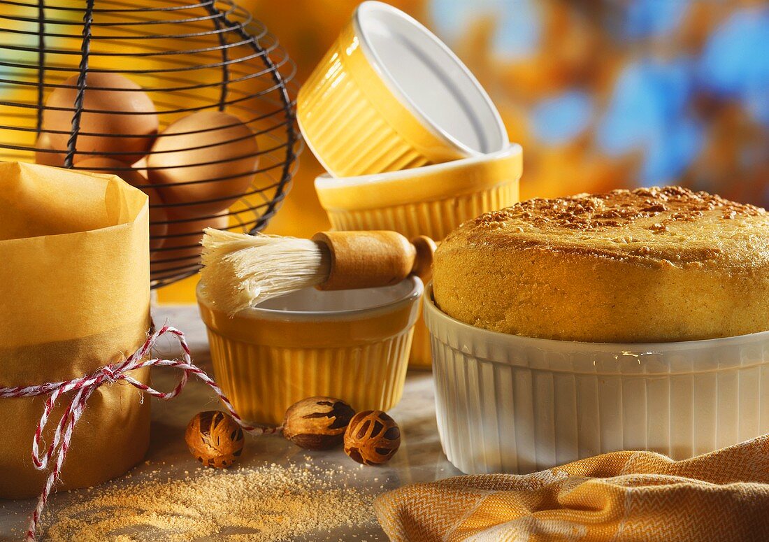 Baking still life: cheese souffle, dish & ingredients