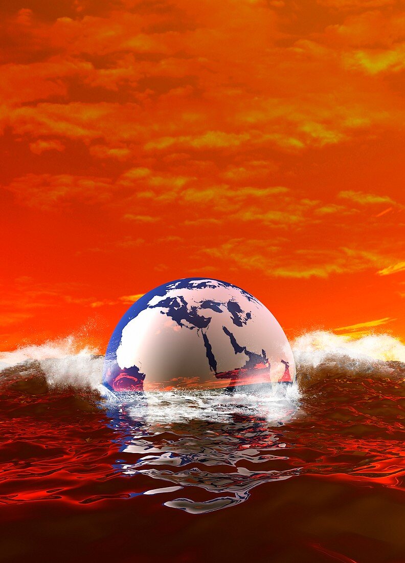 Global warming and rising sea levels, illustration