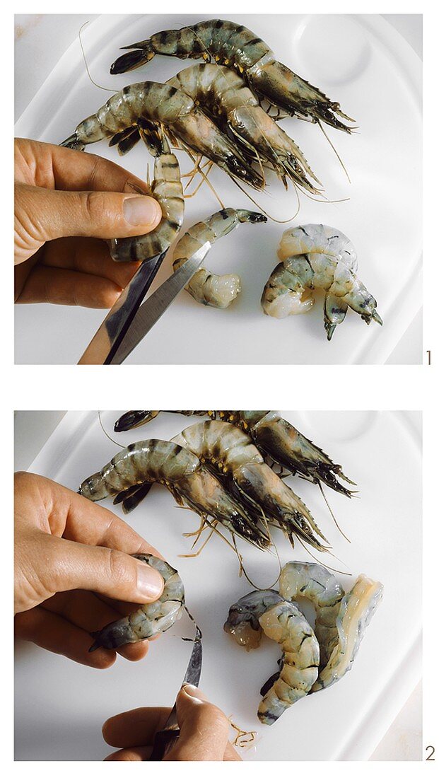 Shelling shrimps (cutting open shell & removing intestine)