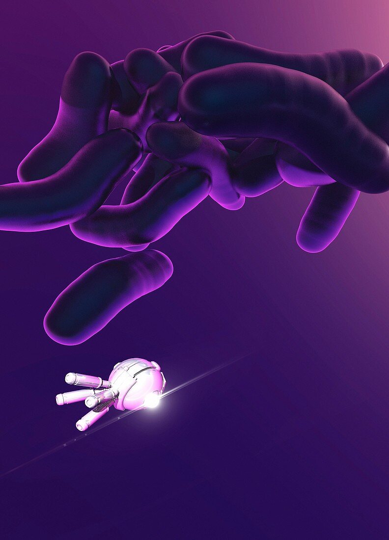 Nanobot attacking bacteria, illustration