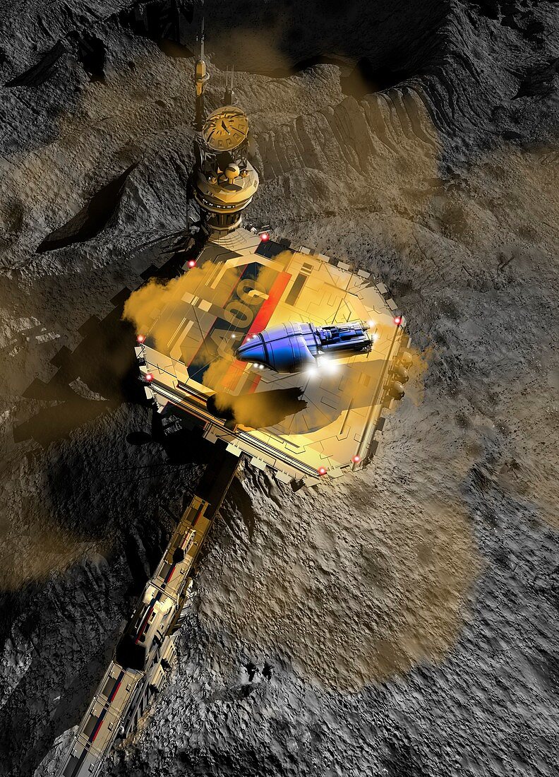 Moon base and ship landing, illustration