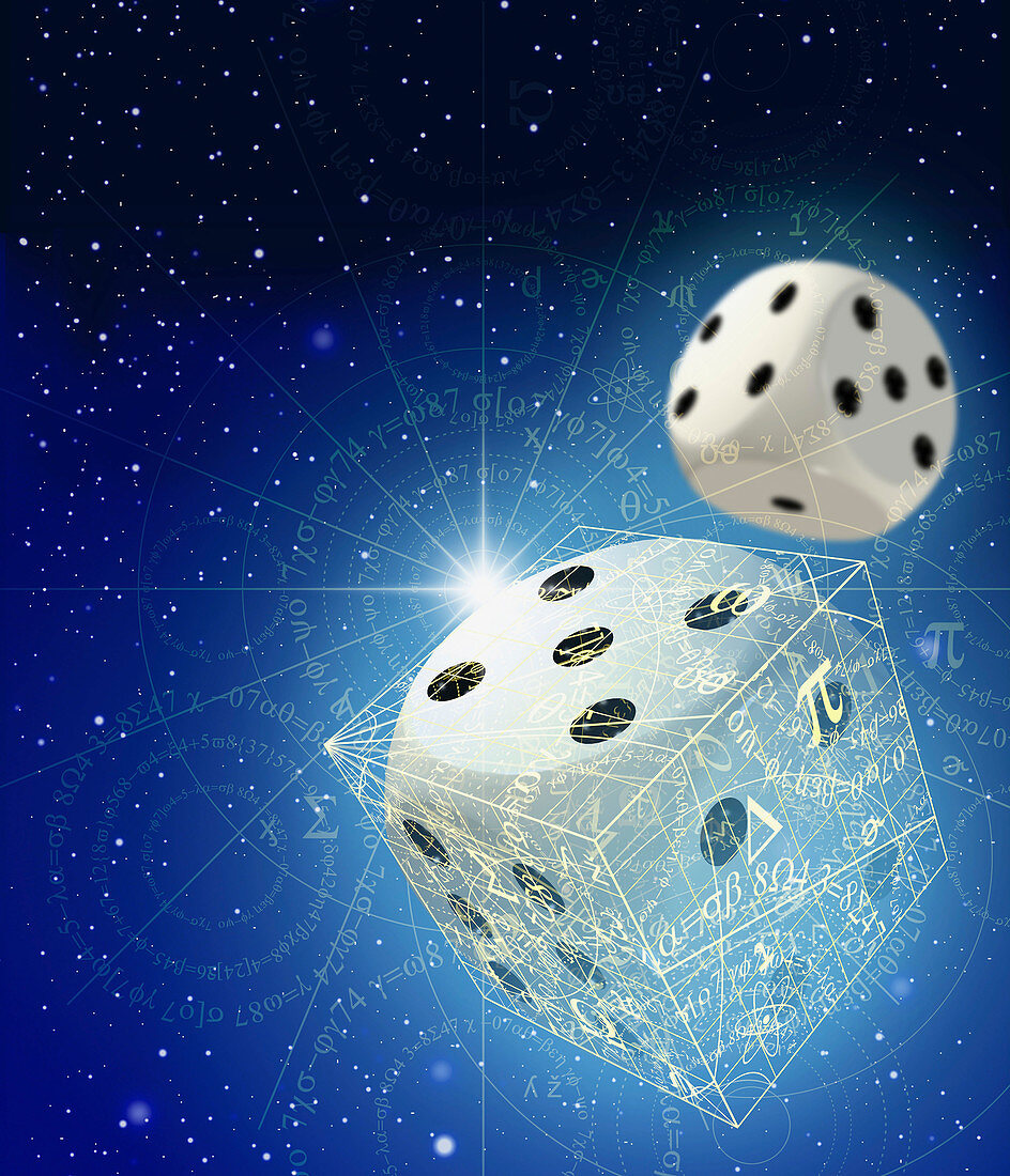 Dice and mathematical equations in space, illustration