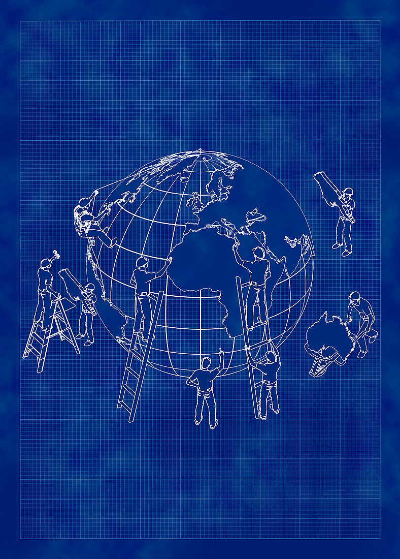 People working on globe, illustration