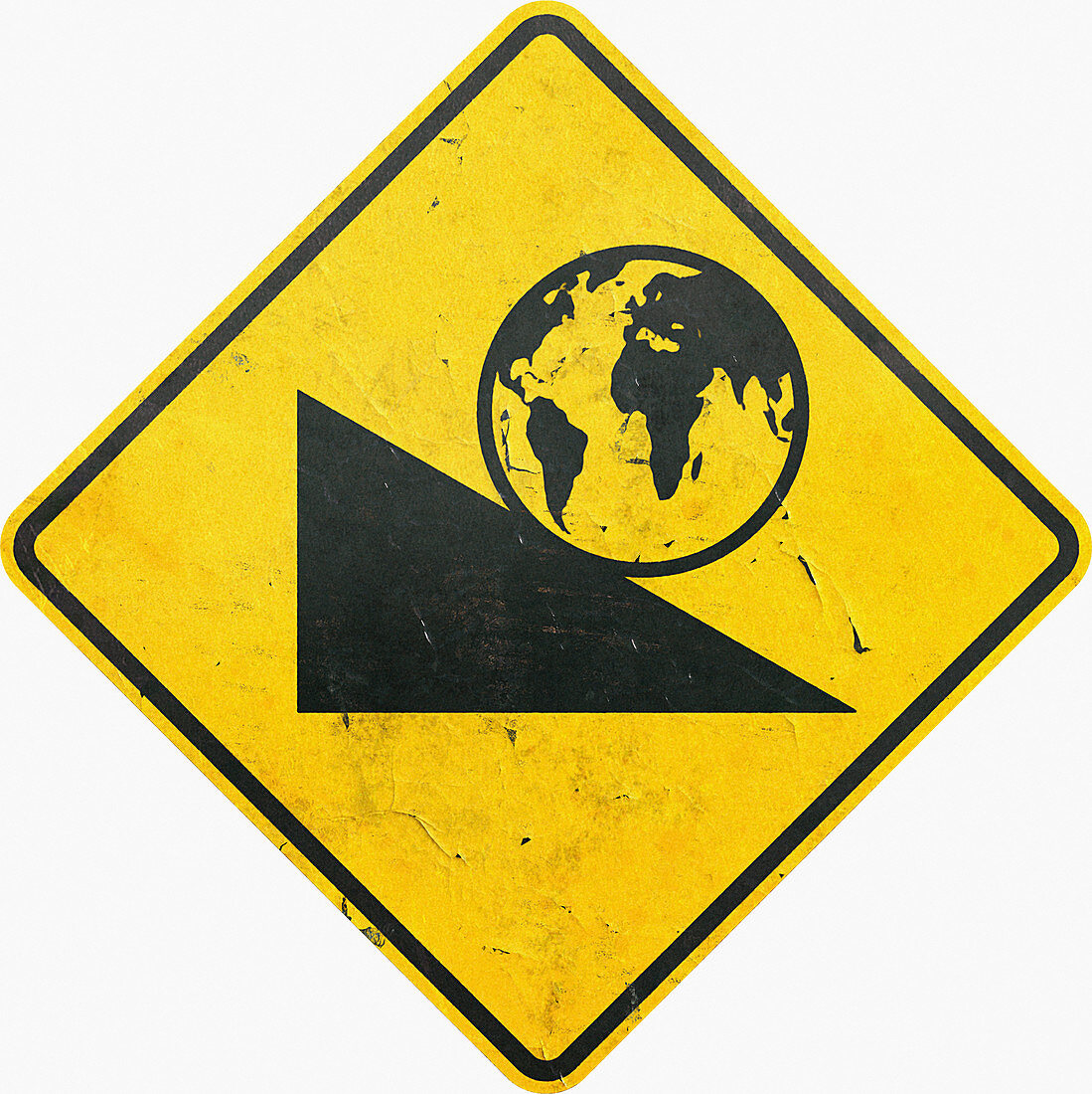 Yellow caution sign with globe rolling, illustration