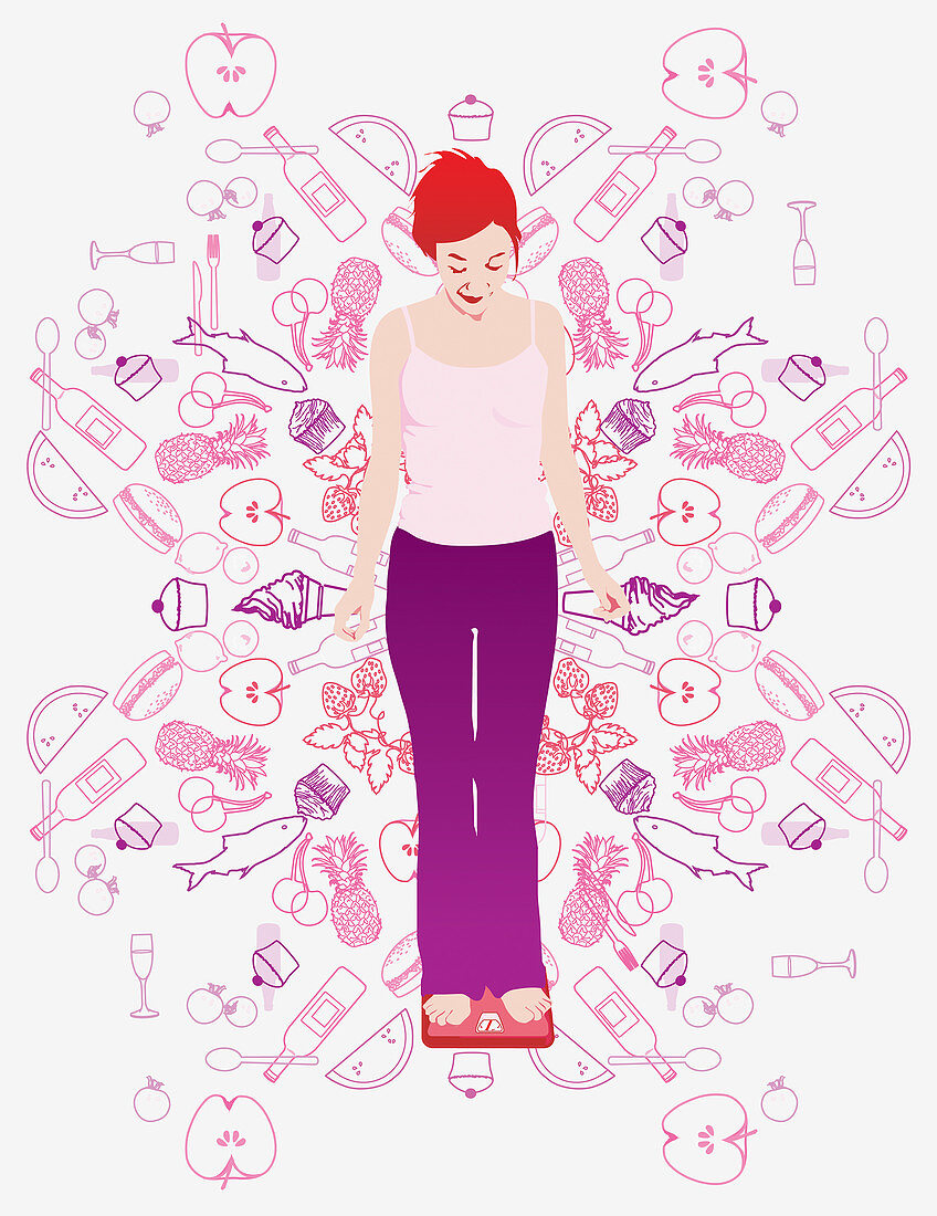 Woman on scale and healthy food, illustration