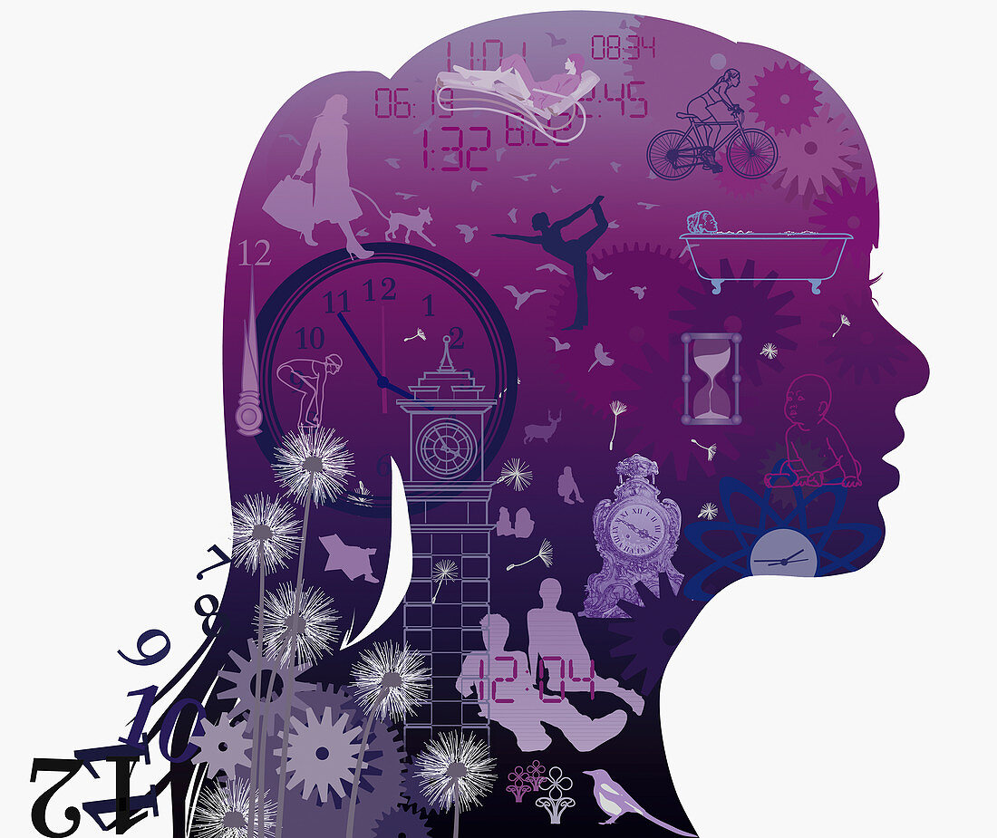 Time management collage in girls head, illustration