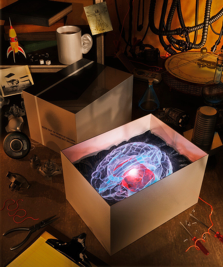 New glowing brain in box on workbench, illustration