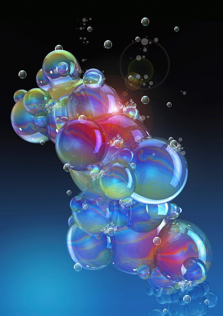 Cluster of floating soap bubbles, illustration