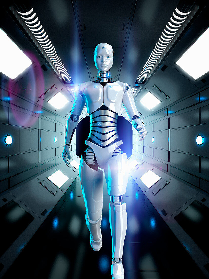 Female android running, illustration