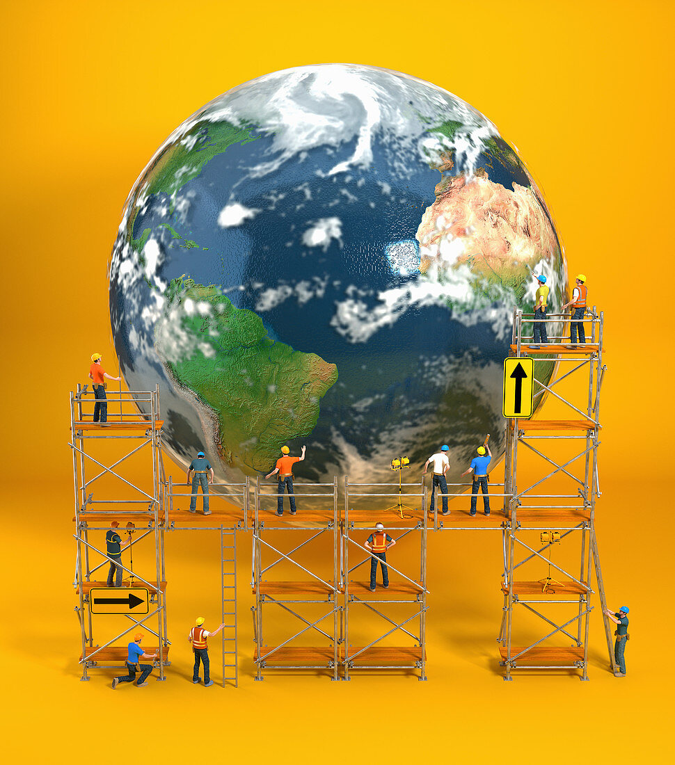 Construction workers repairing Earth, illustration