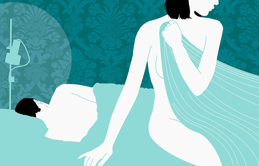 Nude woman sitting at edge of bed, illustration