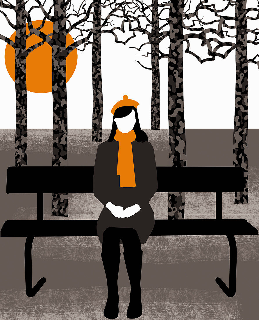 Woman in coat sitting on park bench, illustration