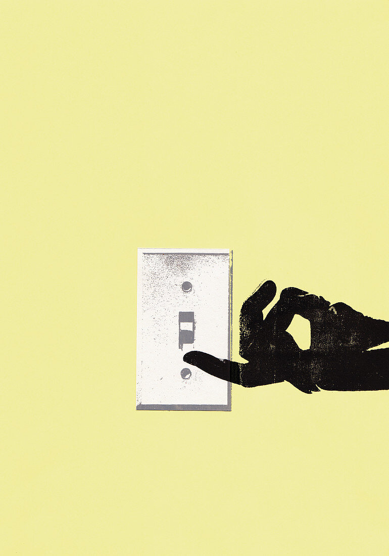 Hand turning on light switch, illustration