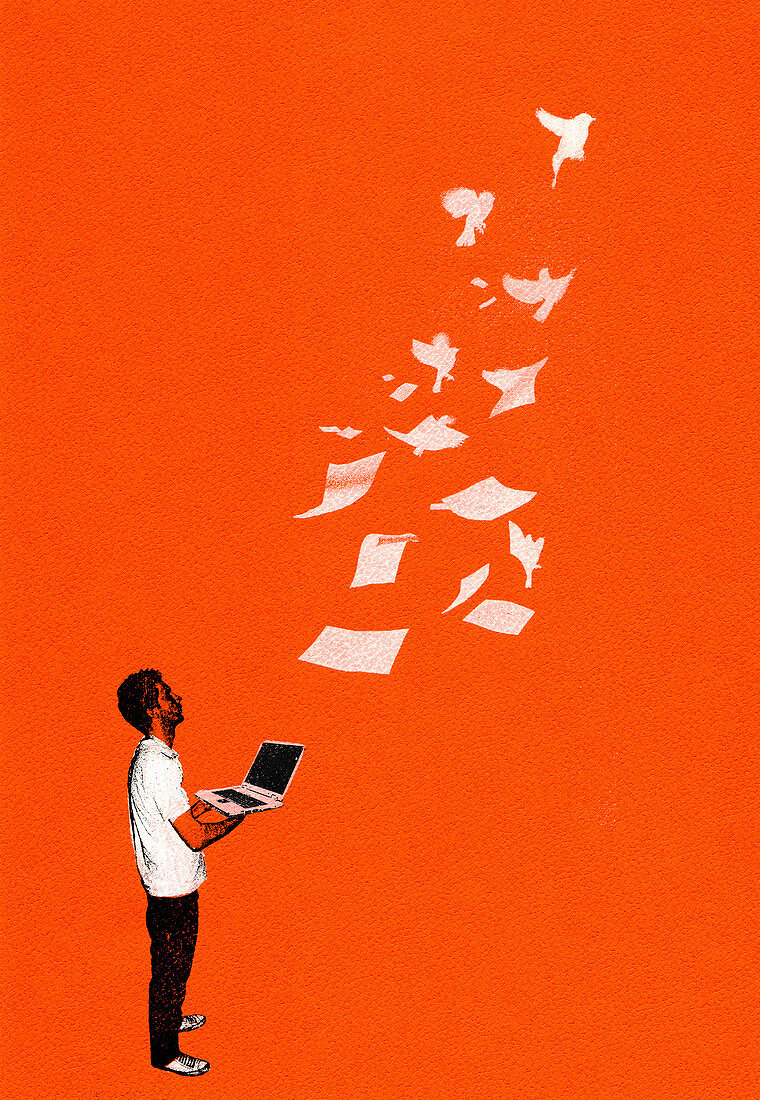 Man holding laptop watching papers fly away, illustration
