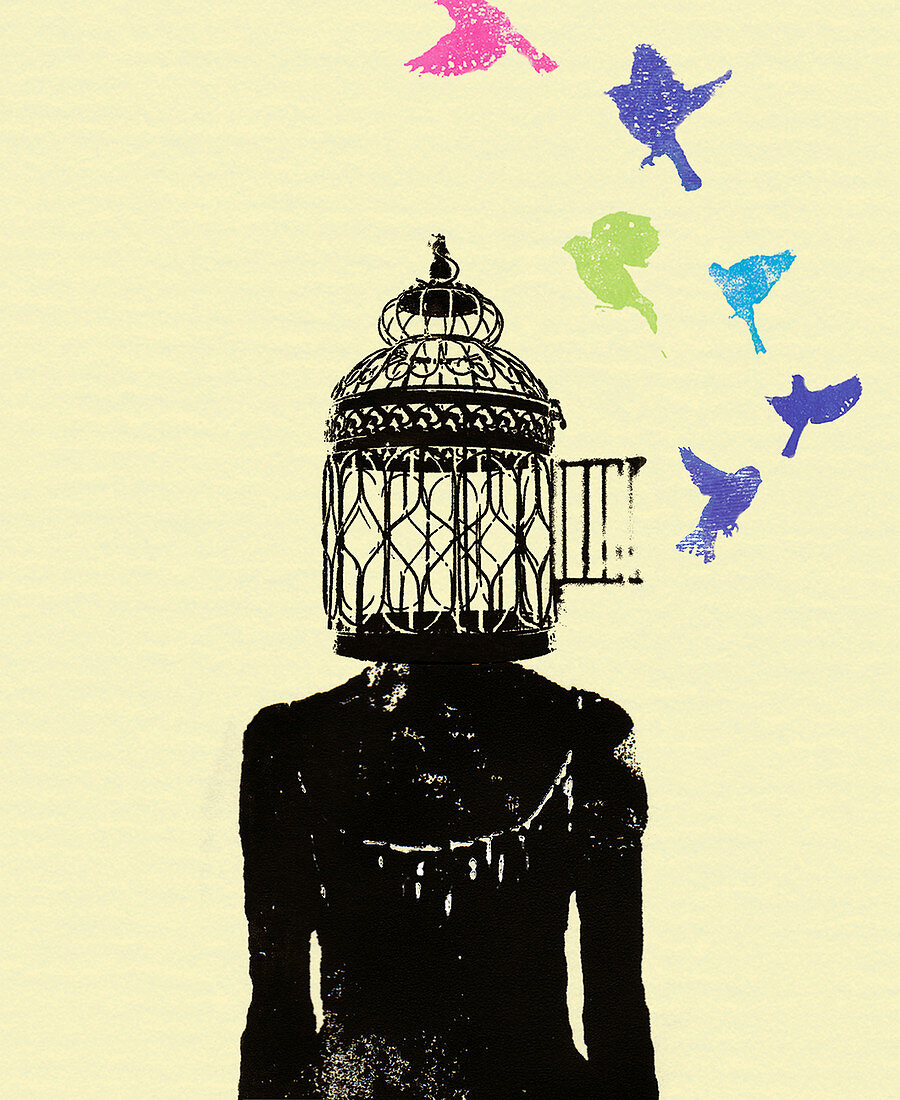 Birds flying out of woman's birdcage head, illustration