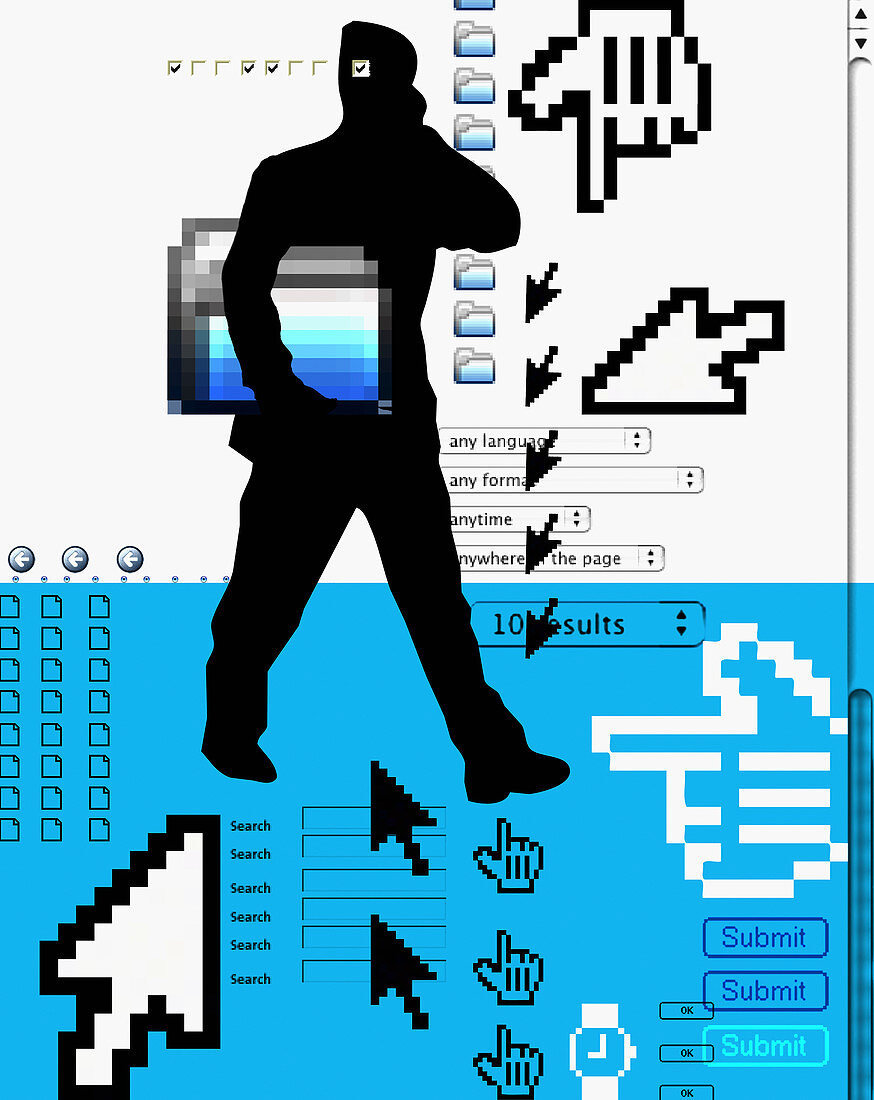 Man standing with internet icons, illustration