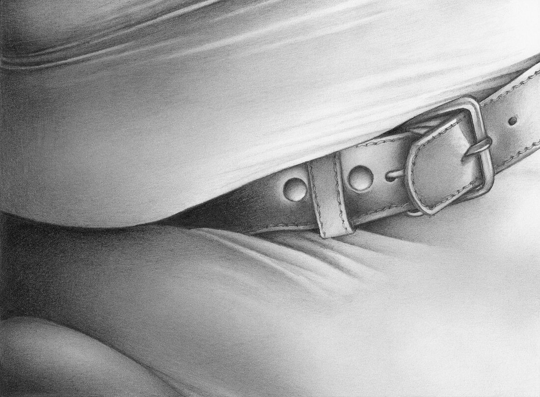 Close up of a man's belly hanging over belt, illustration