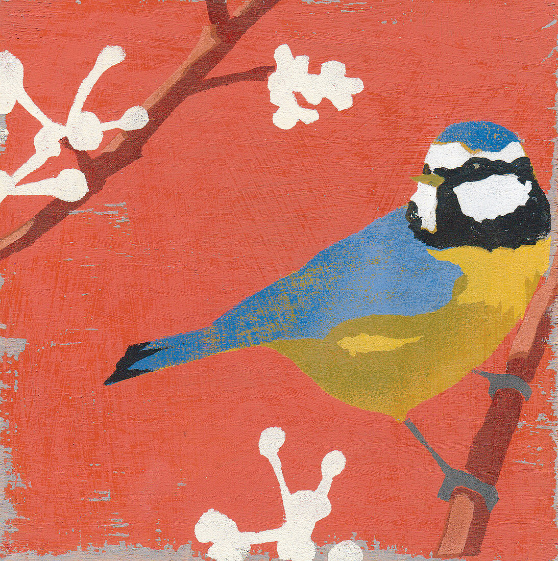 Blue Tit perching on budding branch, illustration