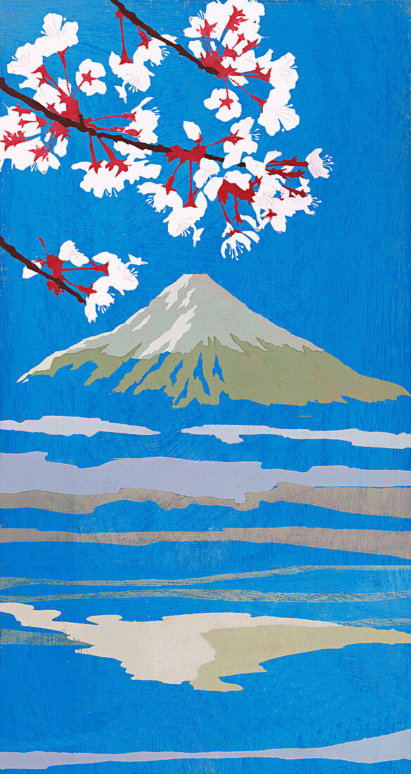 Blooming flowers and Mt Fuji, illustration