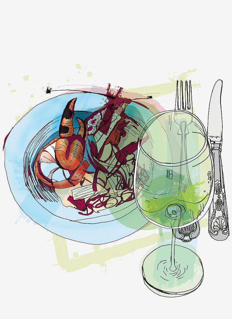 Plate of seafood and glass of white wine, illustration