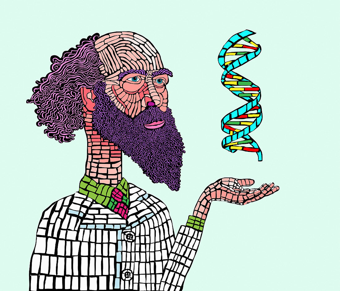 Scientist studying DNA double helix, illustration