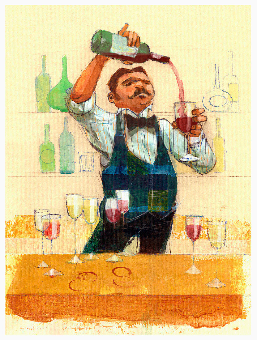 Waiter pouring red wine, illustration