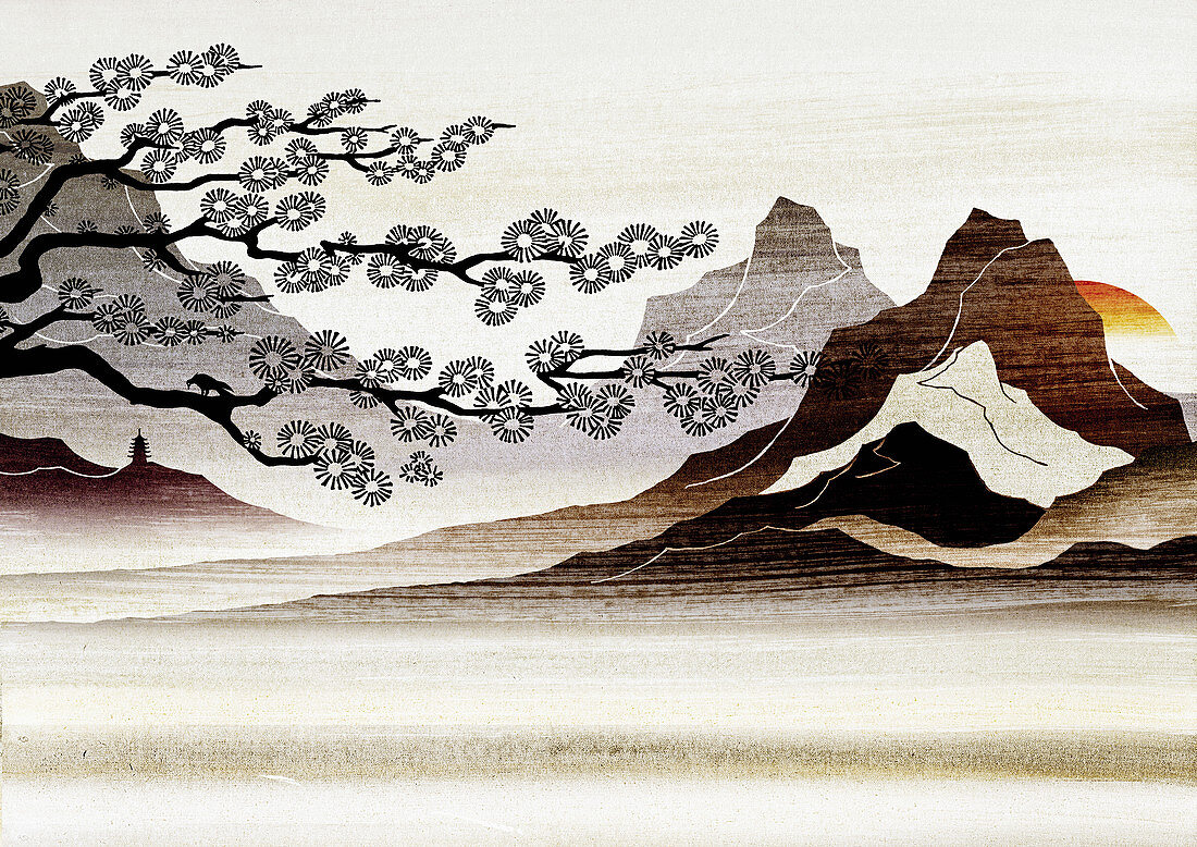 Blooming tree and mountains, illustration