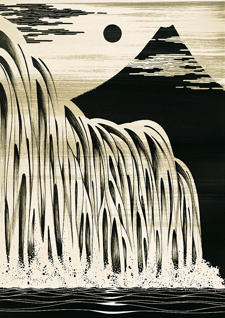 Waterfall and mountain, illustration