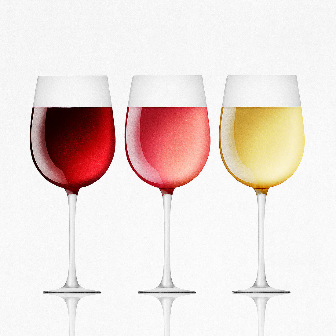 Red, white and rose wine in glasses, illustration