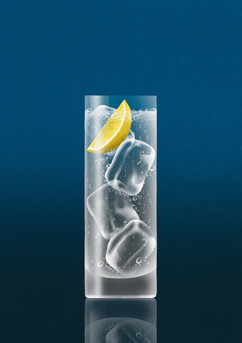 Glass of gin and tonic with slice of lemon, illustration