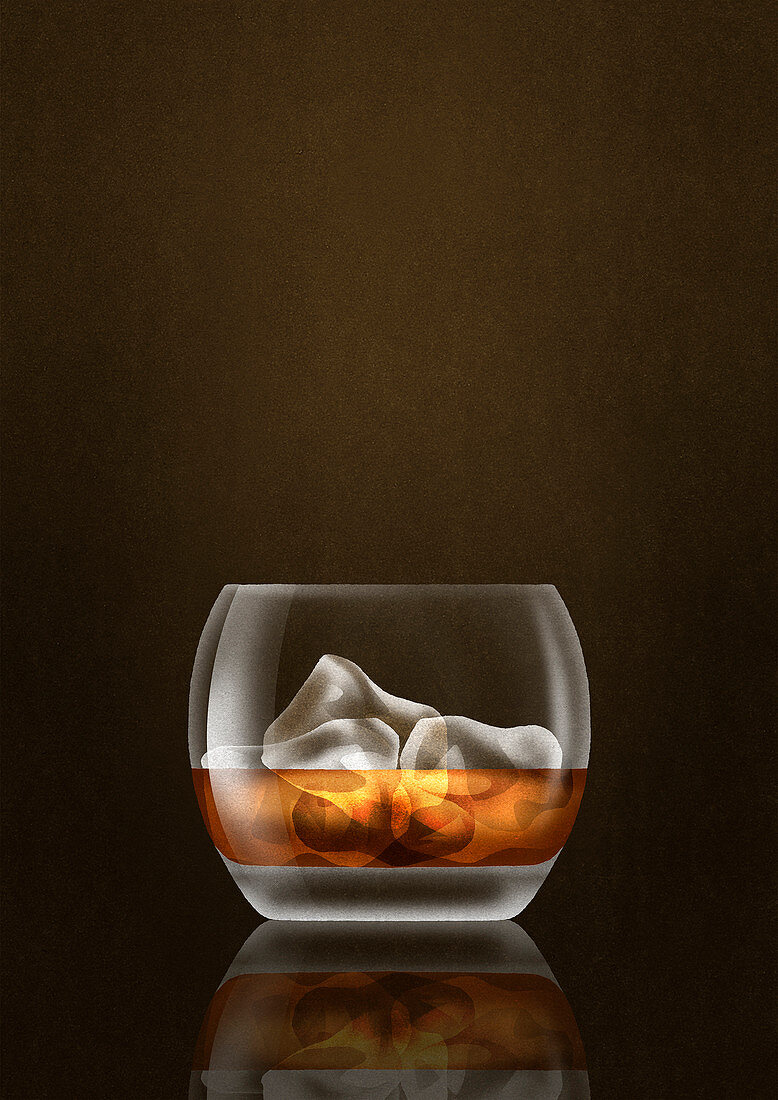 Whisky and ice cubes in tumbler glass, illustration