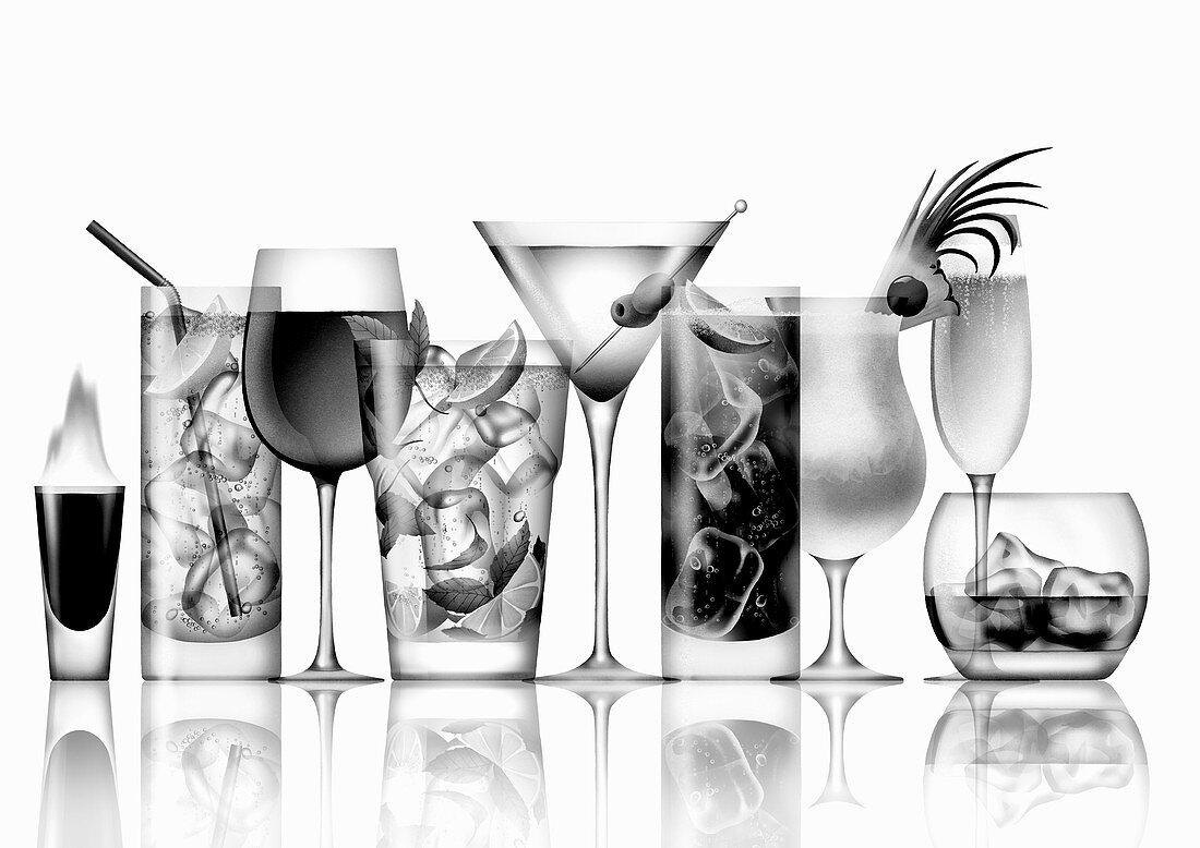 Variety of cocktails in a row, illustration