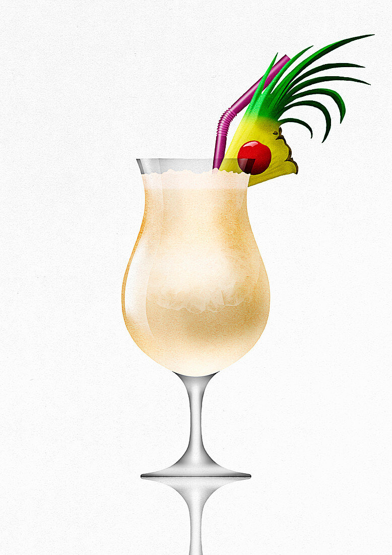 Pina colada with pineapple slice and cherry, illustration