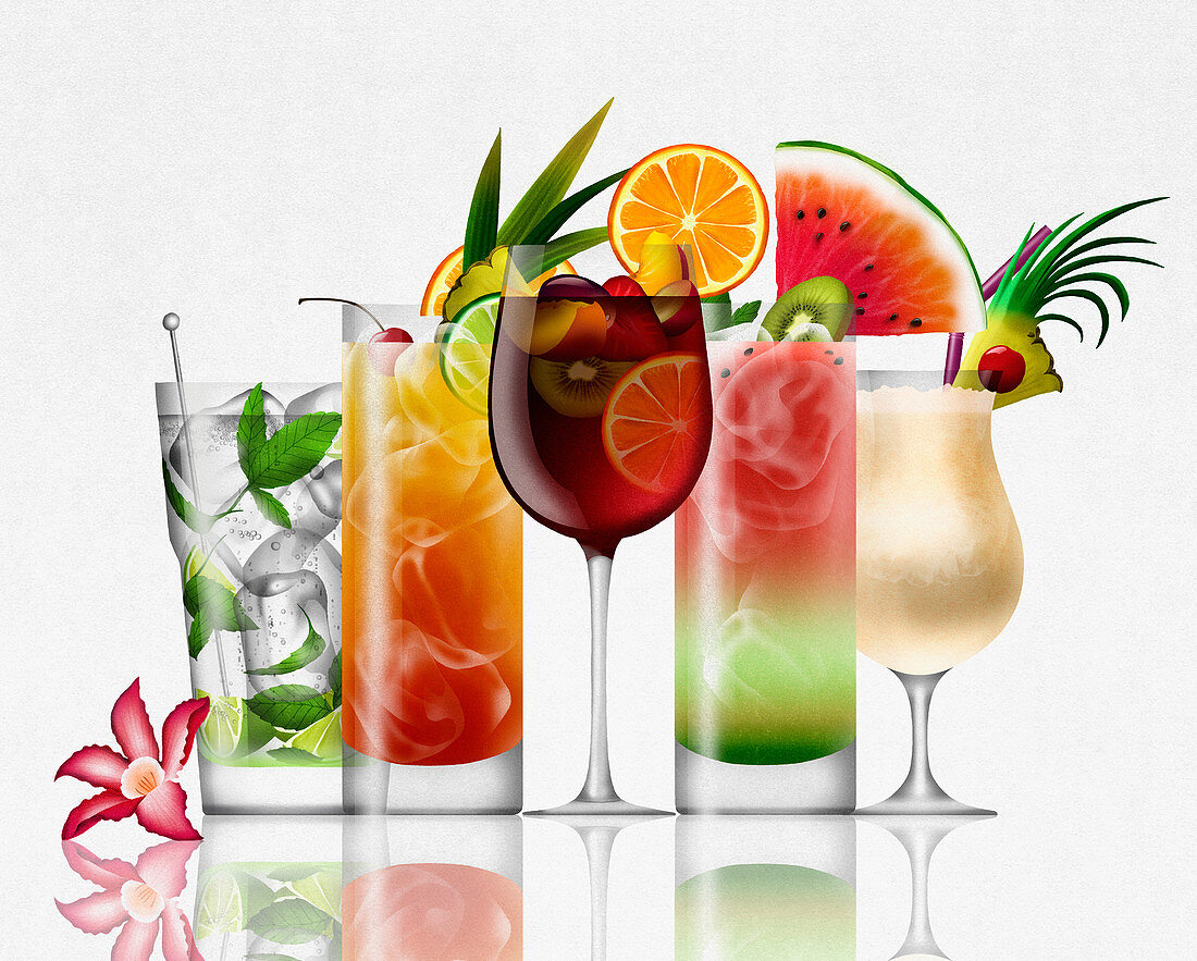 Row of different tropical cocktails, illustration