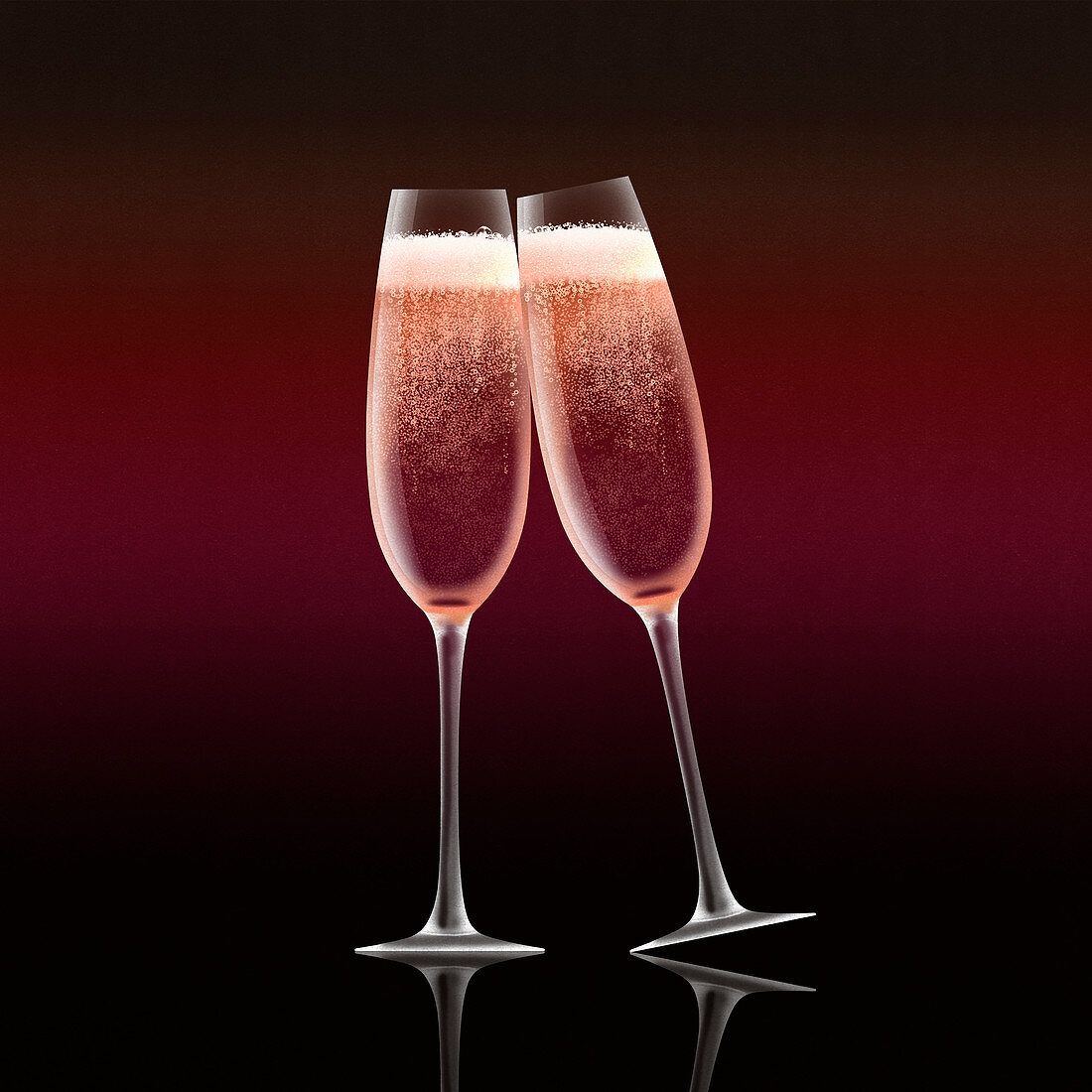 Pink champagne in flutes toasting, illustration