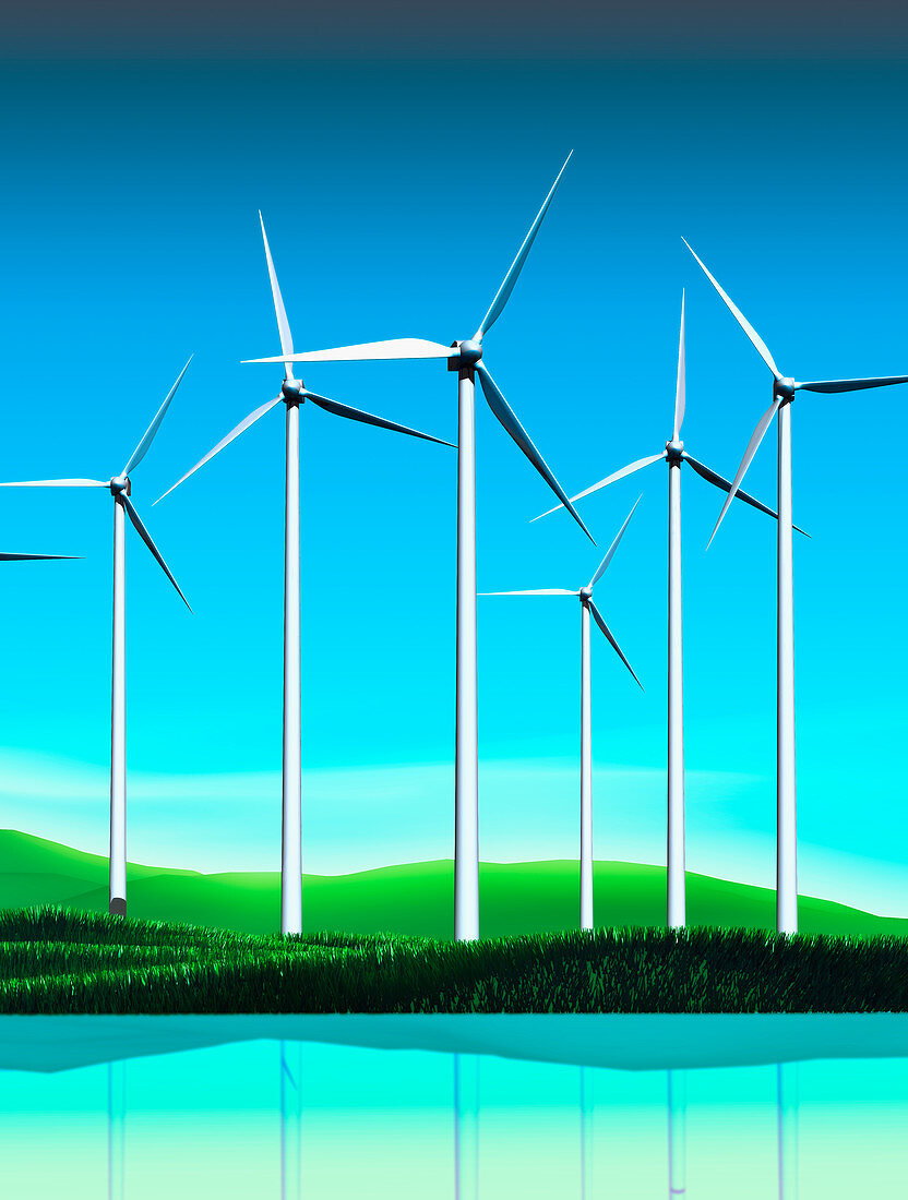 Wind turbines near lake in countryside, illustration