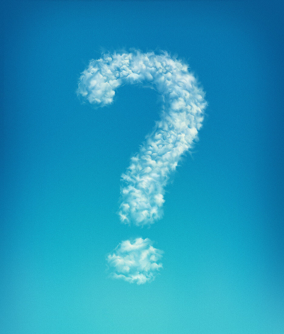 Clouds forming question mark in blue sky, illustration