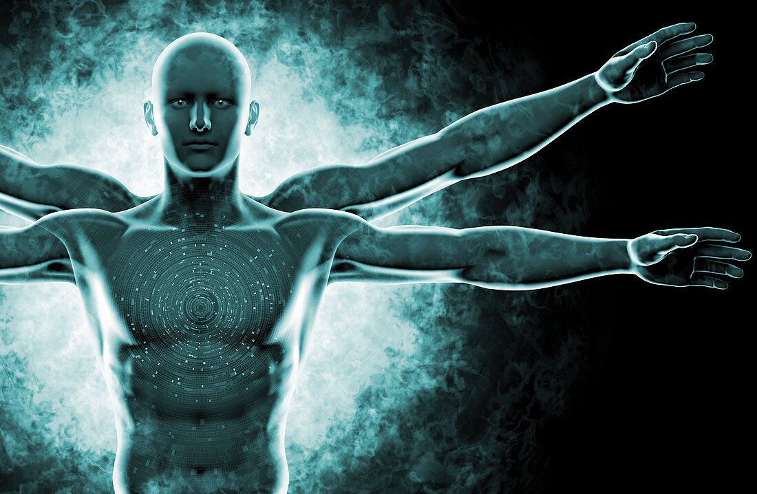 DNA coding over Vitruvian Man, illustration