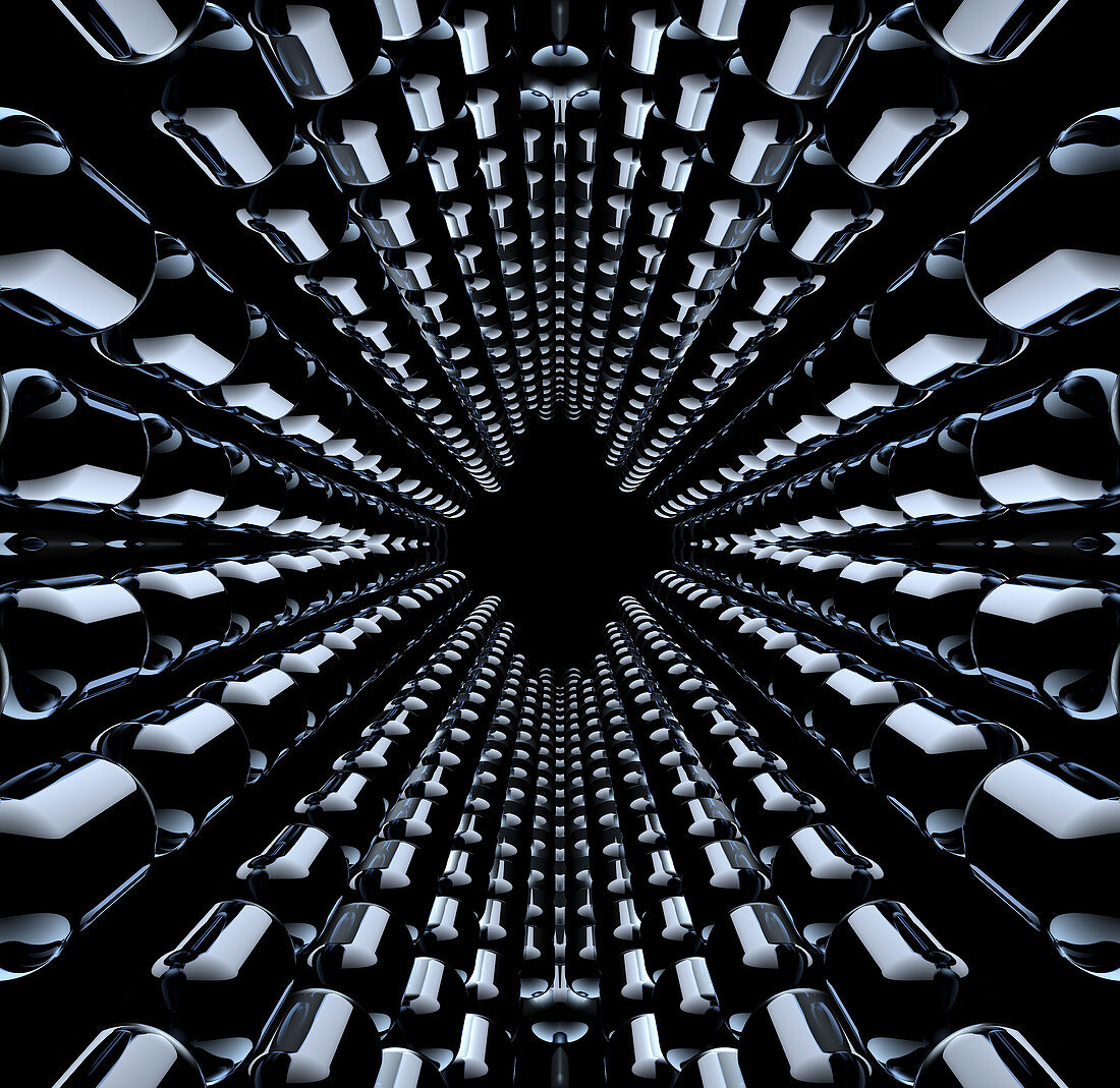 Rows of shiny black capsules, illustration