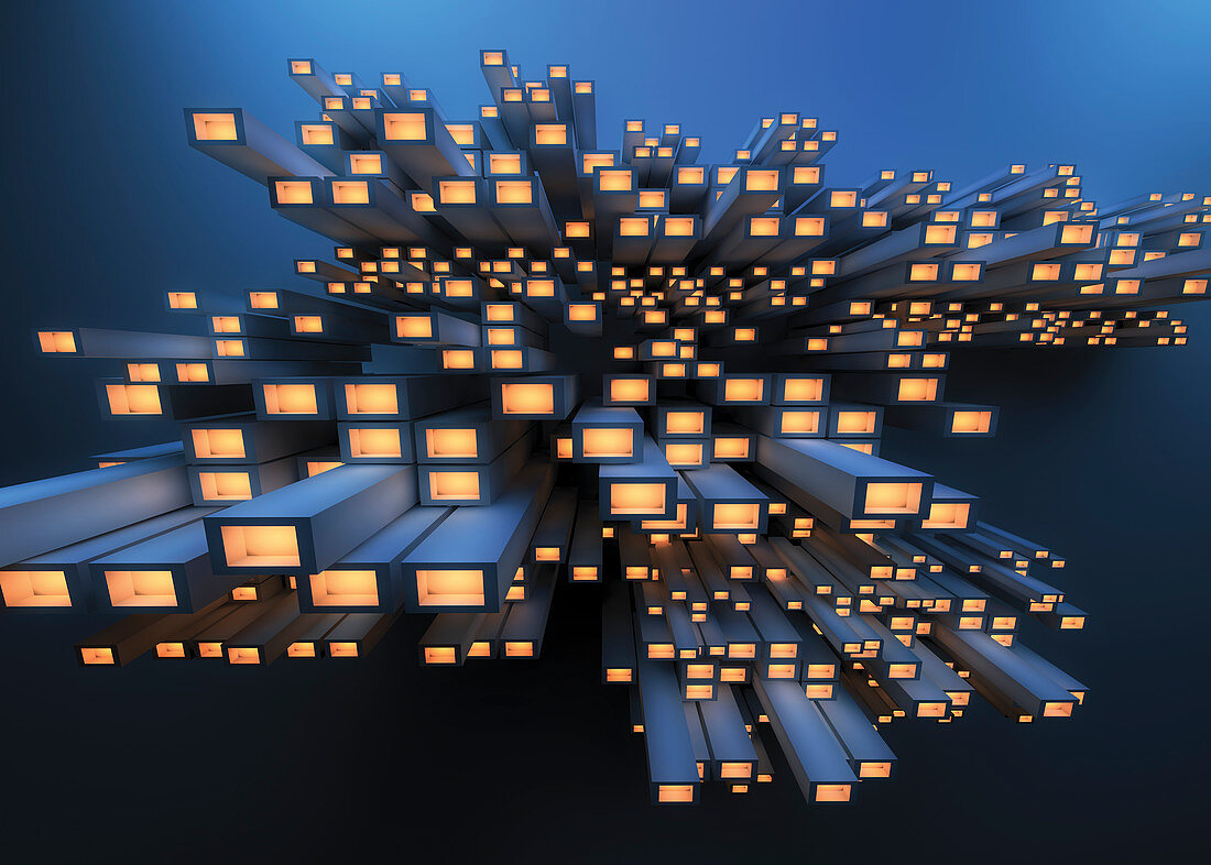 Abstract pile of girders with glowing lights, illustration