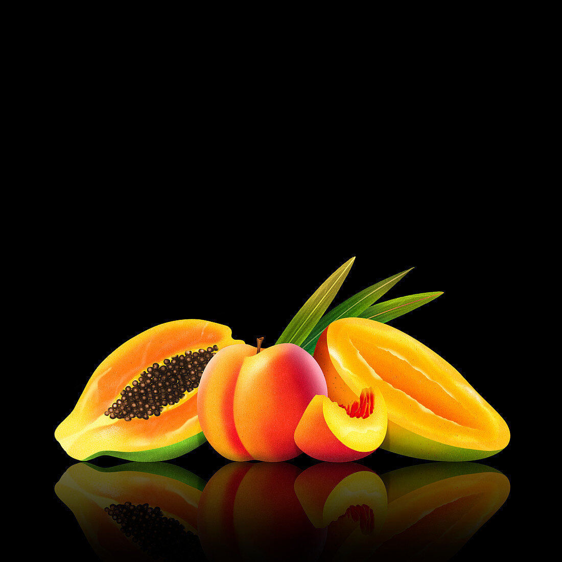 Fresh mango, peach and papaya, illustration